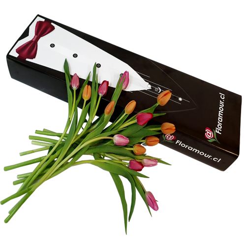 Elegante caja Tuxedo con 15 tulipanes variados. Solo Santiago.Tonos pueden variar de acuerdo a la disponibilidad en la importación